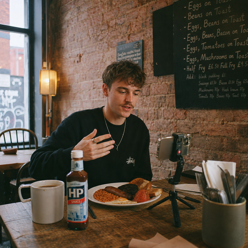 UK food creator reviewing a brunch dish in a cosy cafe
